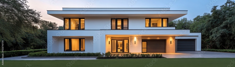 A modern, elegant house with large windows and a spacious yard, illuminated in the evening light, showcasing contemporary design. A modern, elegant house with large windows and a spacious yard, illuminated in the evening light, showcasing contemporary design.