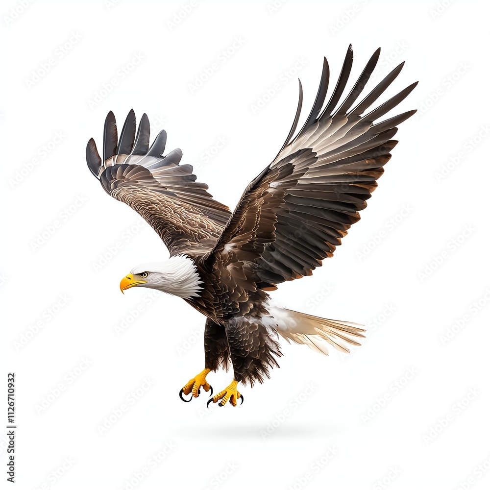 Naklejka premium A majestic eagle soars with its wings spread wide, showcasing powerful feathers against a simple white background.
