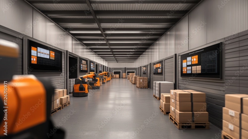 A modern warehouse with automated robots handling packages, reflecting efficiency and innovation in logistics. A modern warehouse with automated robots handling packages, reflecting efficiency and innovation in logistics.