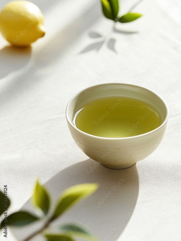 A serene scene featuring a bowl of green tea, a lemon, and leaves on a light tablecloth. A serene scene featuring a bowl of green tea, a lemon, and leaves on a light tablecloth.