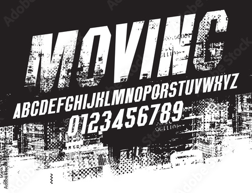 Heavy chopped simple italic font on the theme of urbanism, movement, speed with elements of modern architecture of a big city. Set of letters and numbers of the Latin alphabet.