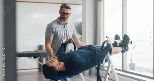 Bild auf Leinwand Physiotherapist, person and recovery on fitness bench for exercise, help or progress at clinic