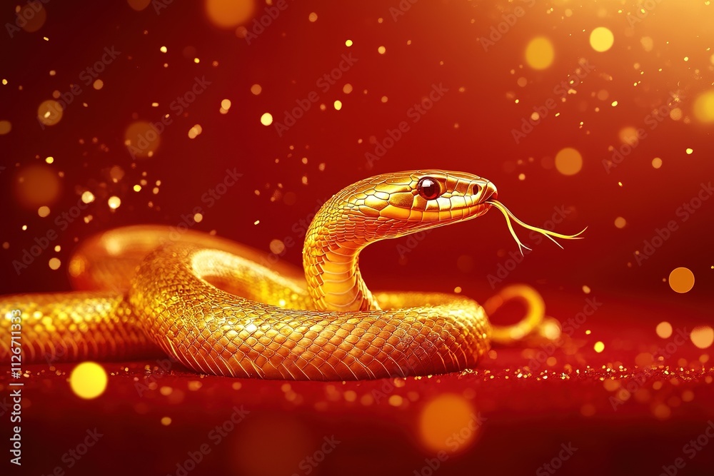 Golden Snake on Red Glittering Background Golden Snake on Red Glittering Background