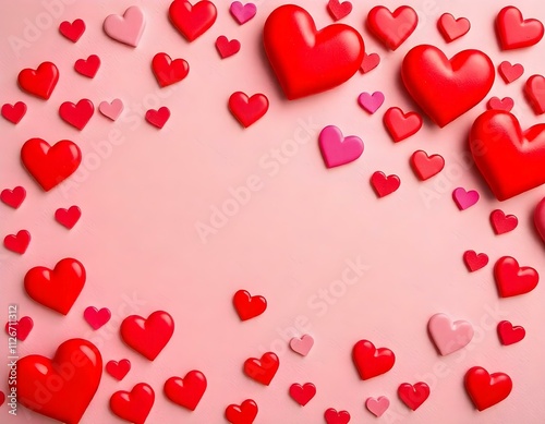 A romantic Valentine's Day background with red hearts of various sizes scattered on a soft pink surface