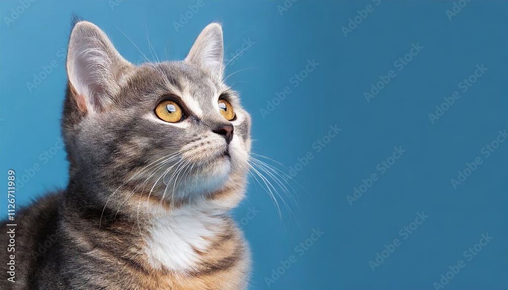 Fototapeta premium Adorable Cat Gazing Upward on a Solid Blue Background Perfect Banner Design for Cat Lovers and Pet Enthusiasts, Ideal for Social Media, Blogs, and Website Headers