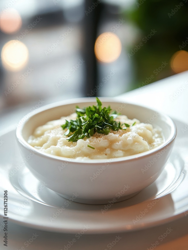 A bowl of creamy mashed potatoes garnished with fresh herbs, served on a white plate.