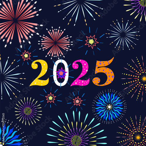  New Year 2025 Text Holiday Graphic with Gold Fireworks Background