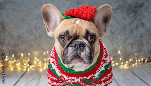 Adorable Cute French Bulldog Dressed in a Cozy Knitted Christmas Sweater, Spreading Holiday Cheer with Its Playful Personality and Festive Spirit in a Joyful Winter Wonderland Background photo