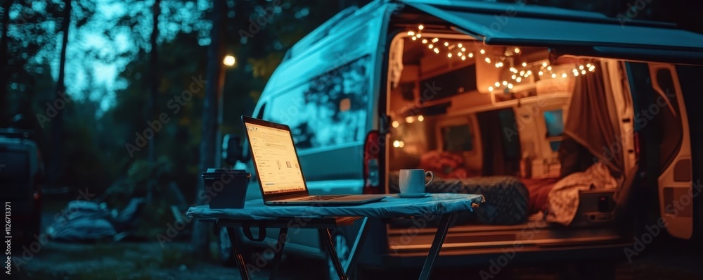 Cozy Campervan Workspace Under the Stars with Fairy Lights and Laptop Cozy Campervan Workspace Under the Stars with Fairy Lights and Laptop