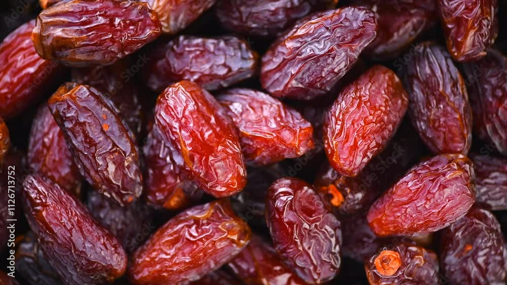 Date fruits. Dates fruit close up design background. Heap of Medjool dates close up, macro shot. Dried fruits, healthy vegan food backdrop rotating.