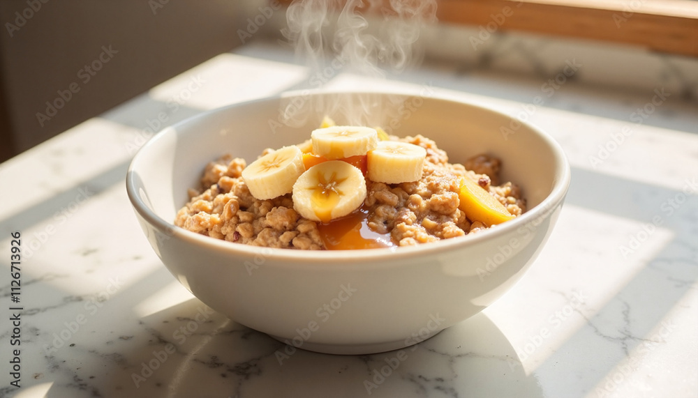 Warm oatmeal with banana slices and honey in morning light Warm oatmeal with banana slices and honey in morning light