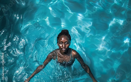Tropical vacation poster. African American woman standing in the water enjoying her slow cation in a swimming pool, top view. Young black lady with curly hair relaxing, refreshing. Inclusivity concept