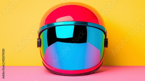 Vibrant Pink Helmet with Iridescent Visor on Colorful Background photo