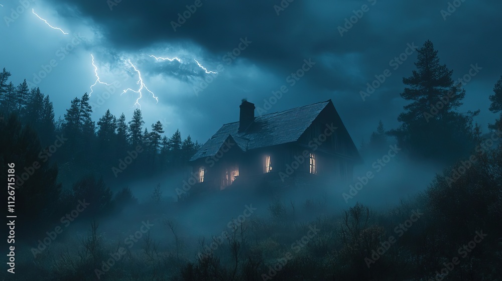 Haunted house in a stormy night with dramatic lightning and dark clouds, creating an eerie atmosphere surrounded by fog and trees, HD image, Haunted house in a stormy night with dramatic lightning and dark clouds, creating an eerie atmosphere surrounded by fog and trees, HD image,