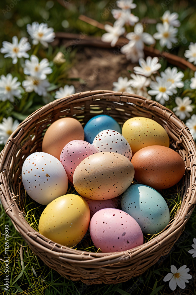 Easter Elegance: An Exquisite Wooden Basket Overflowing with Decorated Eggs, Nestled Among Soft Spring Blossoms, Bathed in Gentle Warm Light and Natural Shadows for a Perfect Easter Marketing Display Easter Elegance: An Exquisite Wooden Basket Overflowing with Decorated Eggs, Nestled Among Soft Spring Blossoms, Bathed in Gentle Warm Light and Natural Shadows for a Perfect Easter Marketing Display