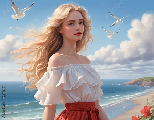 Blonde Woman In Floral Dress Enjoying a Serene Ocean View at the Beach digital art