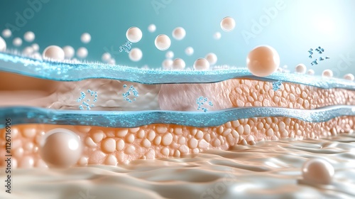 3D illustration of skin layers showing hydration, absorption of active ingredients, and moisture retention in a cellular structure.
