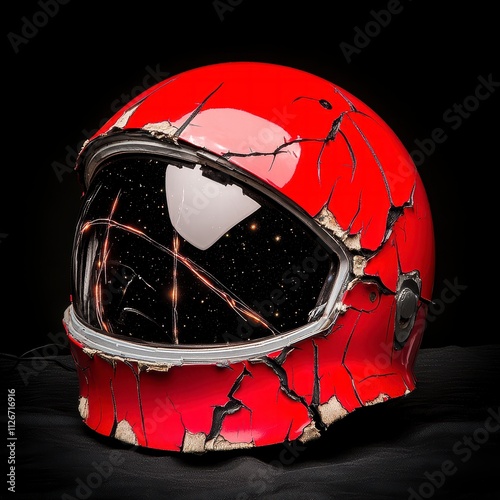 Red Space Helmet with Cracked Paint and Starry Interior photo