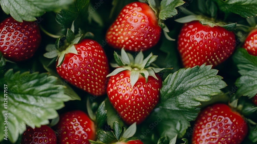 This close-up photograph immerses you in a vibrant strawberry patch. Juicy, red strawberries are captured in their natural environment, nestled amongst a sea of green leaves. This close-up photograph immerses you in a vibrant strawberry patch. Juicy, red strawberries are captured in their natural environment, nestled amongst a sea of green leaves.