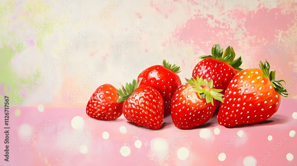 A close-up captures a cluster of ripe, luscious strawberries resting on a soft pink surface. A close-up captures a cluster of ripe, luscious strawberries resting on a soft pink surface.