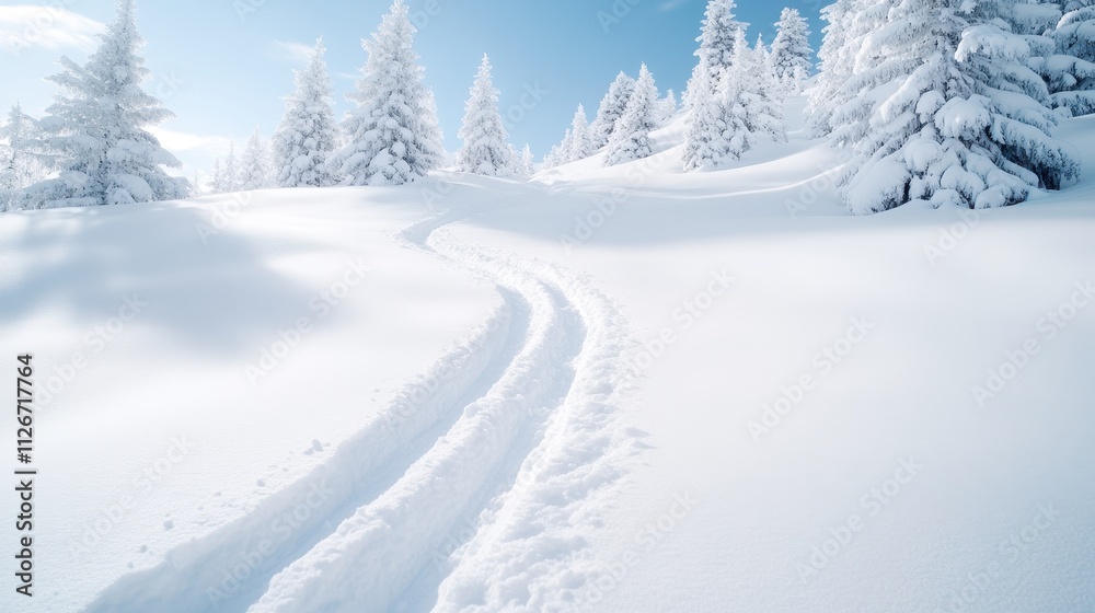 Snowy Winding Footpath Leading Up a Hill in Winter Wonderland Landscape Snowy Winding Footpath Leading Up a Hill in Winter Wonderland Landscape
