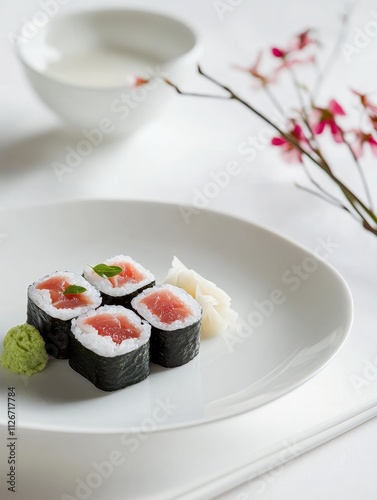 Wallpaper Mural A plate of sushi featuring tuna rolls, wasabi, and pickled ginger, elegantly presented. Torontodigital.ca