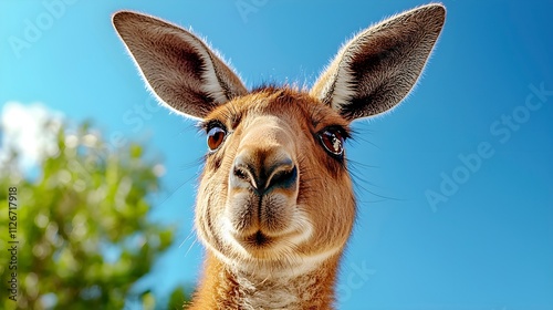 Close-Up Portrait of a Cute Kangaroo Against a Blue Sky