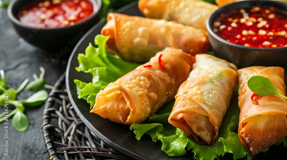 Scrumptious grilled spring rolls with lettuce and red sauce to dip Scrumptious grilled spring rolls with lettuce and red sauce to dip