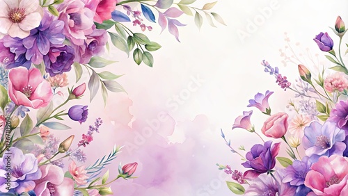 Fototapeta Naklejka Na Ścianę i Meble -  Delicate Watercolor Floral Border Design with Pink and Purple Flowers and Greenery