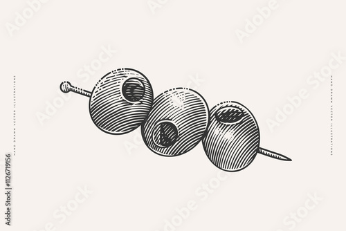 Hand drawn vintage illustration of olives skewered on a cocktail stick in an engraving style. Ideal for food, cocktail, or bar-related design projects.