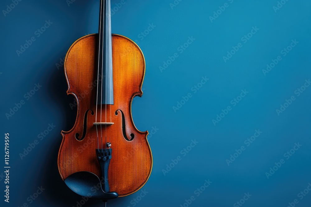 Fototapeta premium Classic wooden viola hanging on blue background with copy space