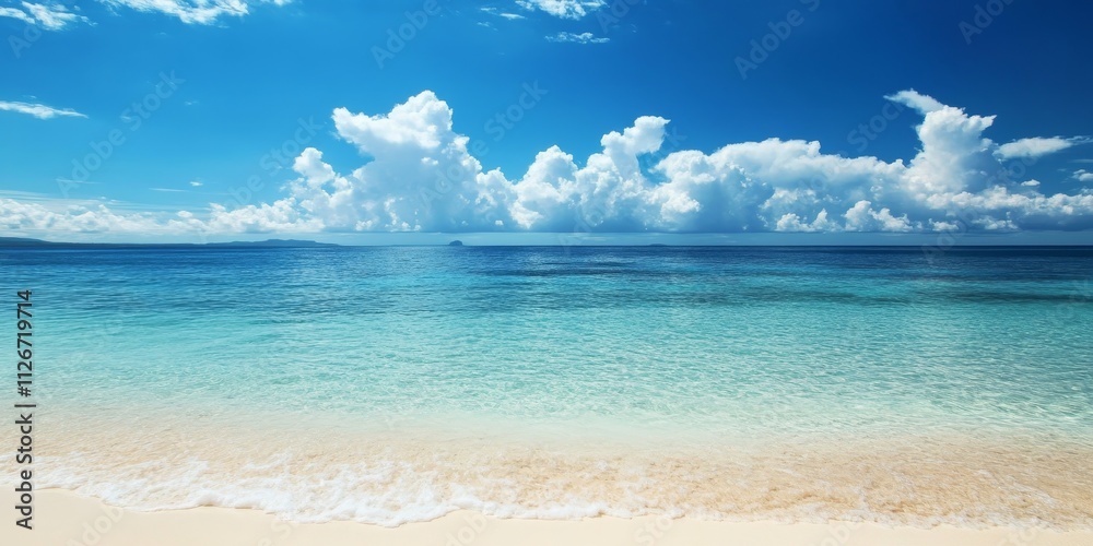 Fototapeta premium Stunning views of clear blue beaches accompanied by beautiful skies create a picturesque scene. Experience the beauty of these clear beaches and their captivating blue waters for a perfect getaway.