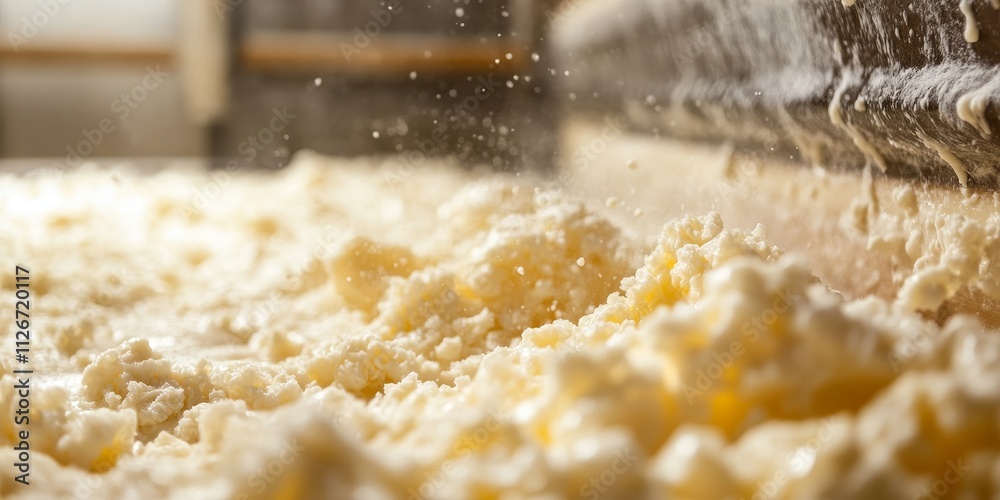 Cheese production showcased through manual labor techniques in a cheesery, highlighting the creation of whey, curd, and sourdough in dairy farming. A close up view of cheese production processes.