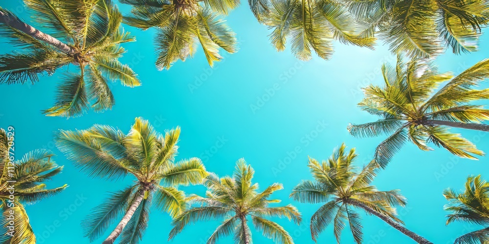 Fototapeta premium Low angle view showcasing fresh green coconut trees reaching towards a clear blue sky, highlighting the beauty of nature and the vibrant colors of the fresh green coconut trees.