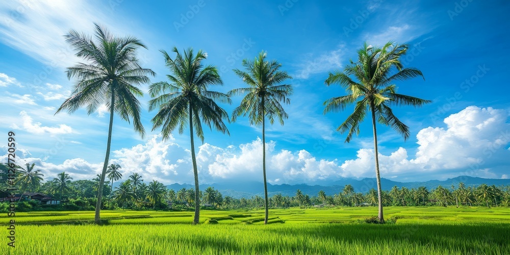 Stunning view of beautiful palm trees standing tall amidst lush green rice fields under a bright blue sky, highlighting the beauty of palm trees in a vibrant landscape. Stunning view of beautiful palm trees standing tall amidst lush green rice fields under a bright blue sky, highlighting the beauty of palm trees in a vibrant landscape.