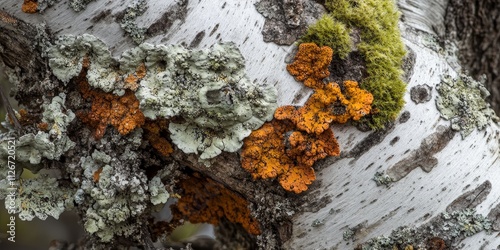 Close up image of a birch trunk fragment, showcasing the bark adorned with lush moss and intricate lichens, highlighting the natural beauty of birch textures in a serene setting. photo