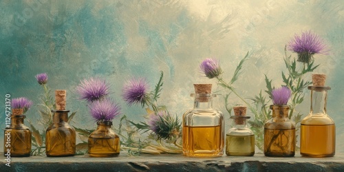 Still life featuring Carduus tenuiflorus, often called sheep thistle or shore thistle, alongside vintage glass bottles filled with aromatic oil, enhanced with selective soft focus for artistic effect. photo