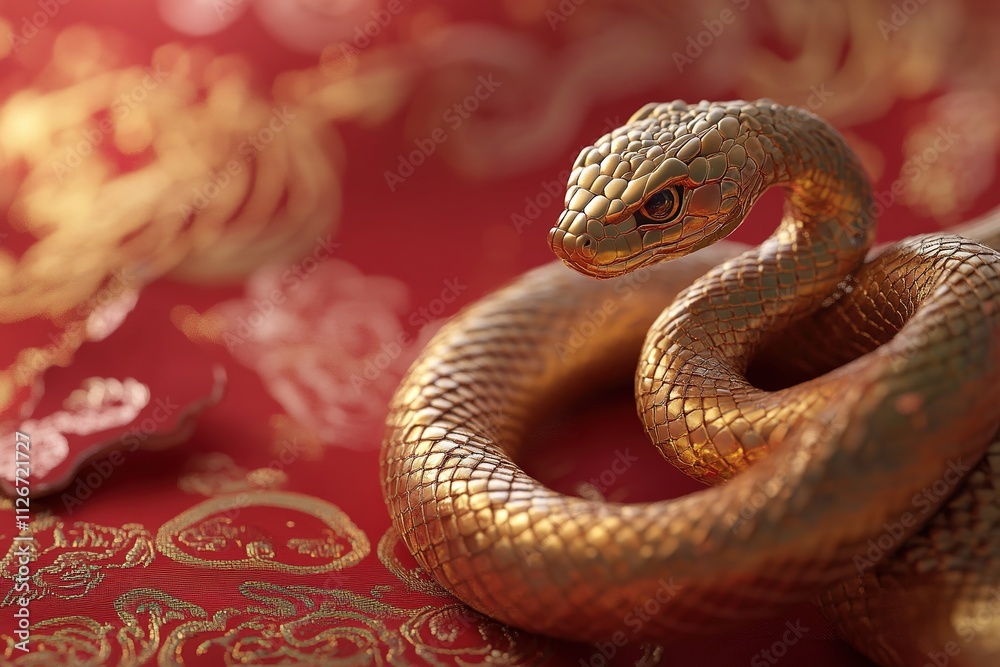 Golden Snake Coiled on Red Ornate Fabric Golden Snake Coiled on Red Ornate Fabric