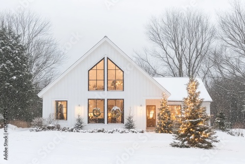 Modern white farmhouse decorated for christmas during a snowfall photo