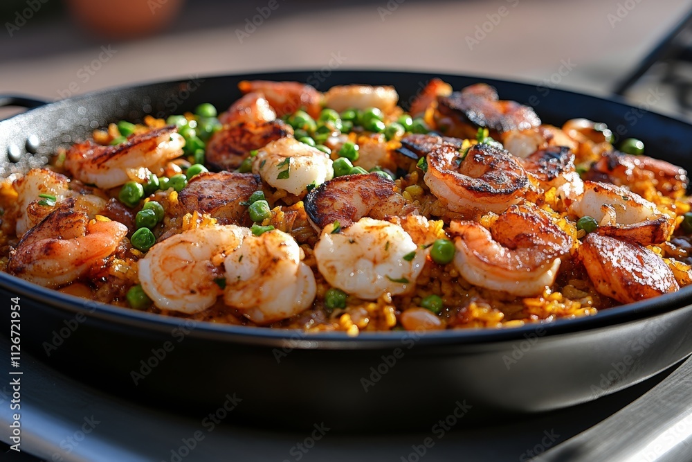 Traditional Spanish paella in a large pan. Generative AI