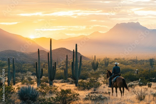 Cowboy riding horse at sunset in arizona desert landscape with saguaro cacti