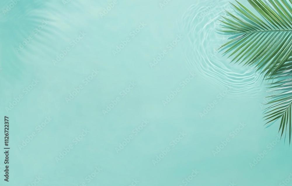 Fototapeta premium Serene Teal Water with Palm Leaf - A Peaceful Summer Oasis