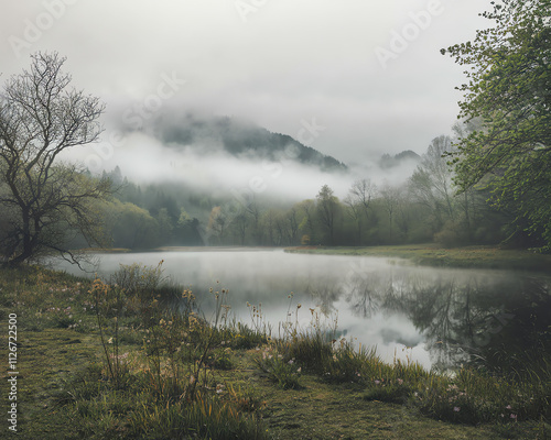 Misty morning by the serene lake surrounded by lush greenery in a tranquil setting