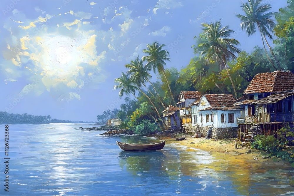 Fototapeta premium illustration of beautiful landscapes with mountains and lakes in watercolor, aquarelle look pencil art Countryside village landscape with church and houses illustration, design, vector, nature, travel