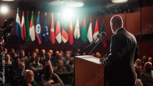 Speaker addressing international audience at conference. (5)