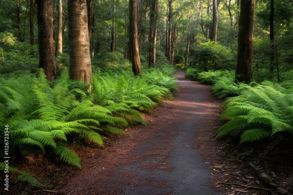 Lush ferns growing along path through forest Lush ferns growing along path through forest