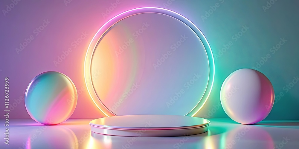 Obraz premium Abstract iridescent spheres and neon ring illuminate a circular platform