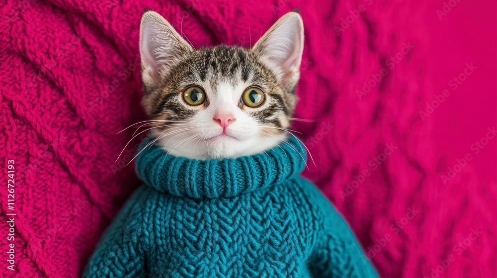 Adorable Kitten in Teal Knit Sweater on Pink Blanket Adorable Kitten in Teal Knit Sweater on Pink Blanket