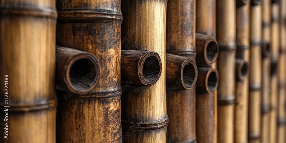 Closeup view showcasing intricate details of a bamboo fence, highlighting the unique textures and patterns found in the bamboo fence construction and design. Closeup view showcasing intricate details of a bamboo fence, highlighting the unique textures and patterns found in the bamboo fence construction and design.