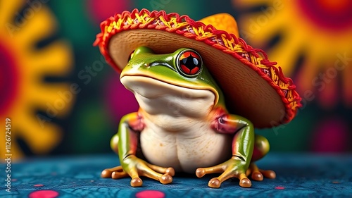 A frog in a sombrero with a blurred background photo